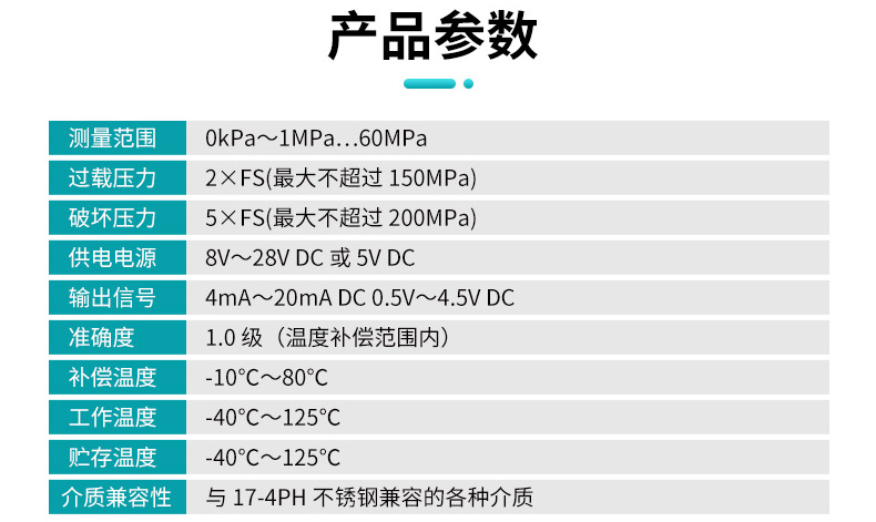 米科MIK-PF100玻璃微熔压力变送器产品参数